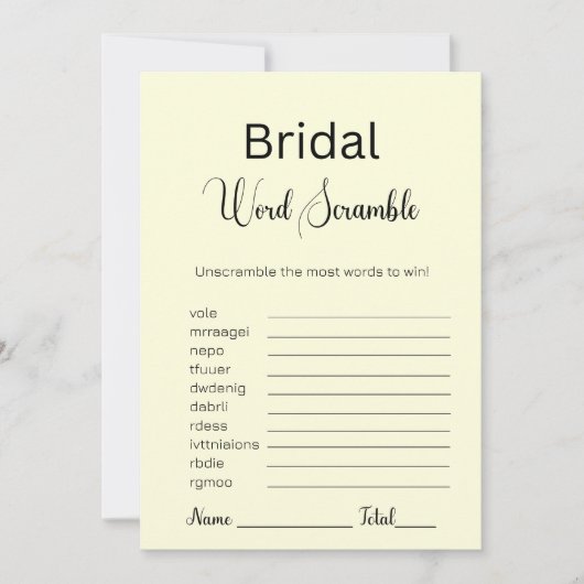 Hellgelbes Bridal Word-Scramble-Spiel Einladung (Vorderseite)