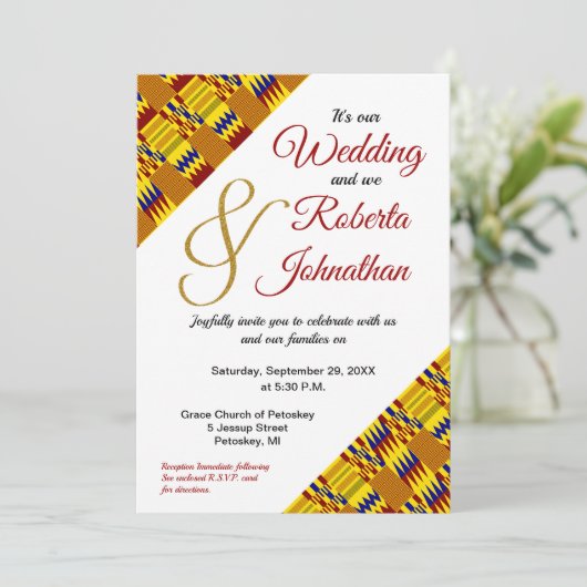 Hellgelbes goldenes Burgundy Afrikanisches Kente K Einladung (Stehend Vorderseite)