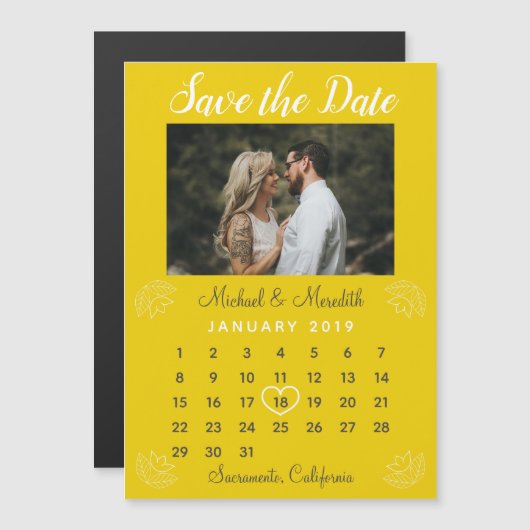 Hellgelbes Hochzeitkalender Foto Save the Date Magneteinladung (Vorne/Hinten)