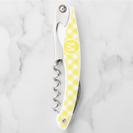 Hellgelbes klassisches Gingham-Muster mit Monogram Kellnermesser (Vorderseite)