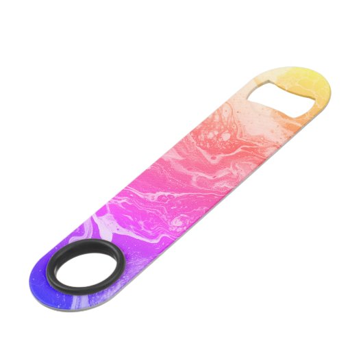 Hellgelbes orangefarbenes rosa Lila Flaschenöffner (Rückseite Schrägansicht)