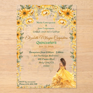 Hellgelbes Quinceañera Blumendesign Acryleinladungen