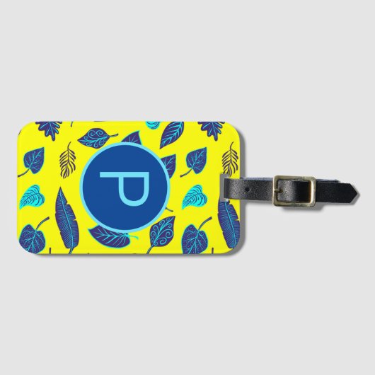 Hellgelbes tropisches Leaf-Muster Monogramm Gepäckanhänger (Vorderseite (Horizontal))