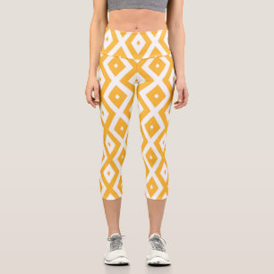 Hellgelbes und weißes Rautenmuster Capri Leggings