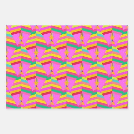 Hellgestreifte Weihnachtsbaumen auf Rosa und Grün Geschenkpapier Set (Vorderseite)