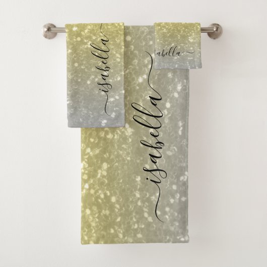 Hellgoldgraue Imitate Glitzern Individuelle Name Badhandtuch Set (Insitu)