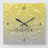 Hellgoldgraue Imitate Glitzern Individuelle Name Quadratische Wanduhr (Vorderseite)