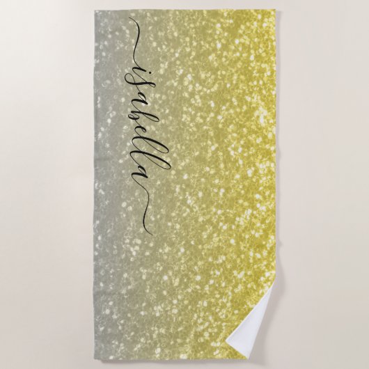 Hellgoldgraue Imitate Glitzern Individuelle Name Strandtuch (Vorderseite)
