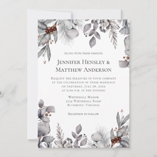 Hellgrau, Silberterracotta WinterWedding Einladung (Vorderseite)