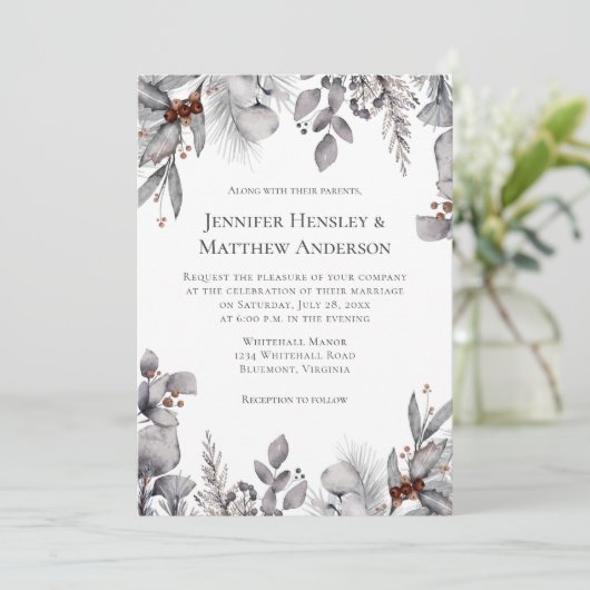 Hellgrau, Silberterracotta WinterWedding Einladung (Stehend Vorderseite)