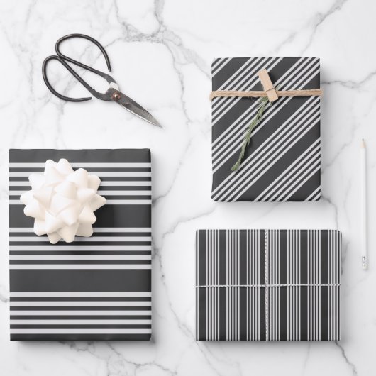 Hellgrau und Holzkohle 5 Streifen Muster Geschenkpapier Set (Vorderseite)