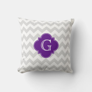 Hellgrau Wht Chevron Lila Quatrefoil Monogramm Kissen