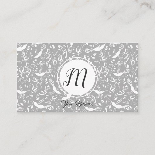 Hellgraue Blumen-Vögel-Trend-Monogramm-Initialen Visitenkarte (Vorderseite)