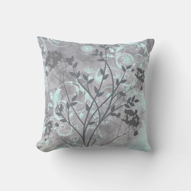 Hellgraue, blumengeschwungene Designerkissen Kissen (Vorderseite)