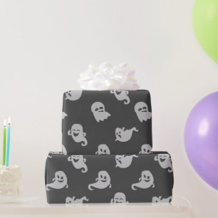 Hellgraue Geister auf dunkelgrauem Halloween Geschenkpapier