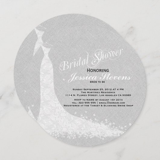 Hellgraue Leinen und weiße Spitzen-Hochzeitskleidu Einladung (Vorne/Hinten)