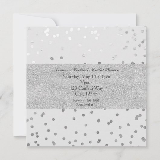 Hellgraue und silberfarbene Confetti Dots Moderne Einladung (Rückseite)
