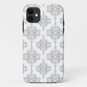 Hellgraue und weiße Vintage Damaske iPhone 11 Hülle