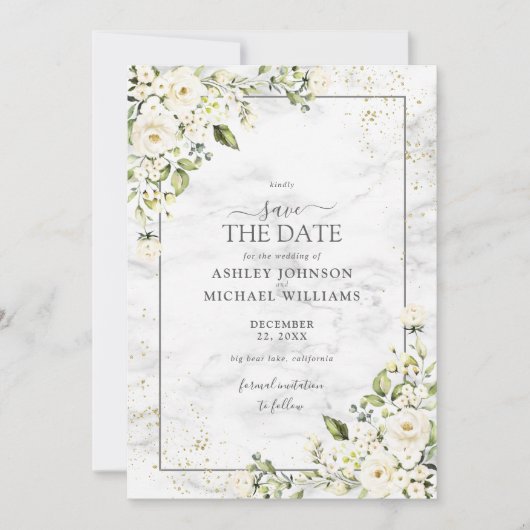 Hellgraues Foto aus weißem Blumengold Save the Dat Date (Vorderseite)