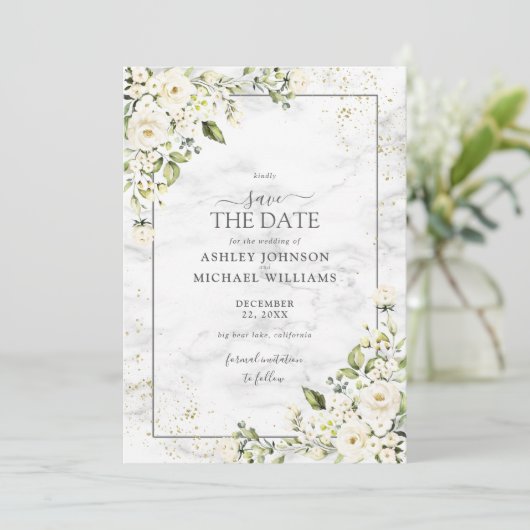 Hellgraues Foto aus weißem Blumengold Save the Dat Save The Date (Stehend Vorderseite)
