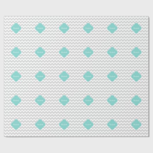 Hellgraues Zickzack Aqua Quatrefolienmonogramm Geschenkpapier (Flach)
