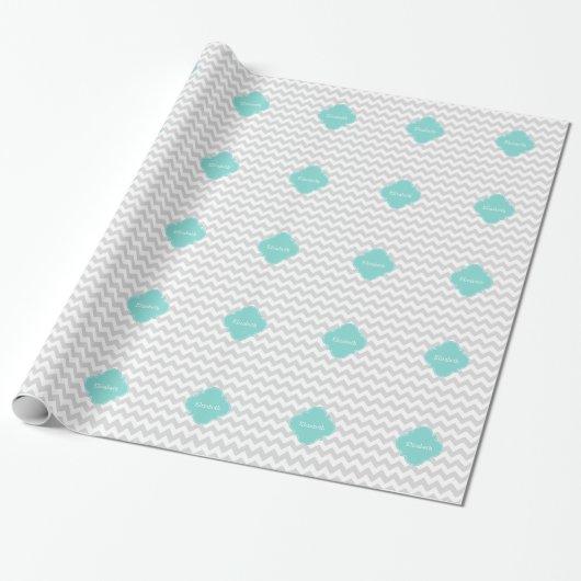 Hellgraues Zickzack Aqua Quatrefolienmonogramm Geschenkpapier (Ungerollt)