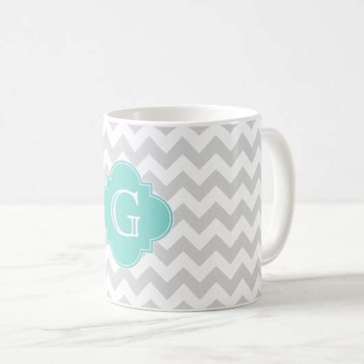 Hellgraues Zickzack Aqua Quatrefolienmonogramm Kaffeetasse (VorderseiteRechts)