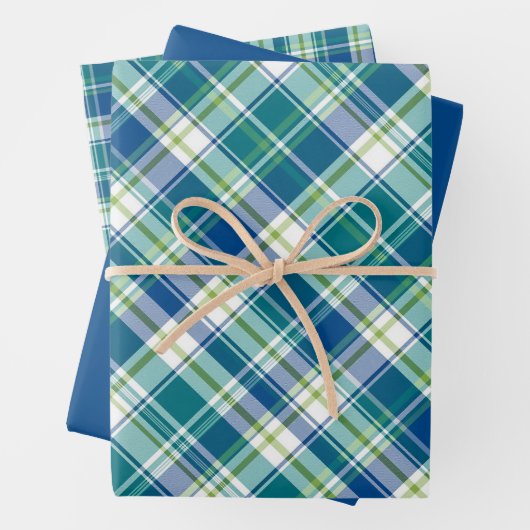 Hellgrün, blau und weiß Kariert Geschenkpapier Set (Beispiel)