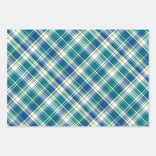 Hellgrün, blau und weiß Kariert Geschenkpapier Set (Vorderseite)