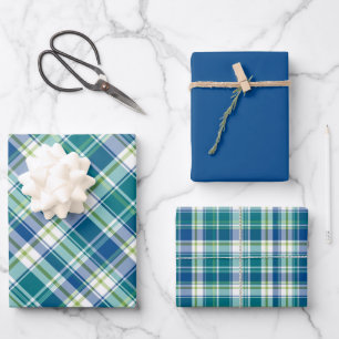 Hellgrün, blau und weiß Kariert Geschenkpapier Set