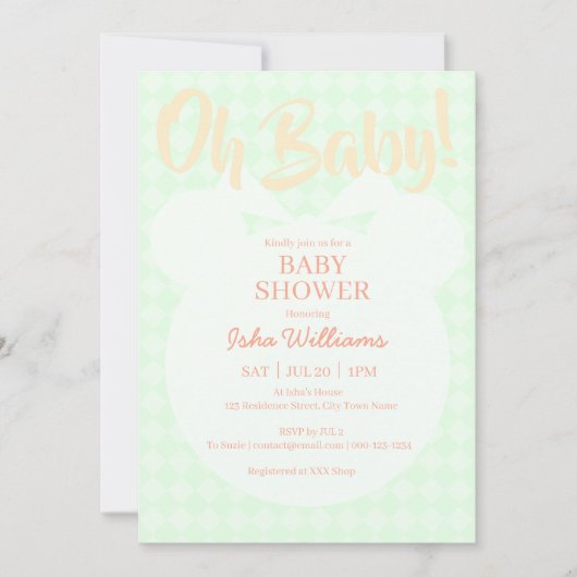 Hellgrüne Bär Orange Oh Baby Shower Einladung (Vorderseite)