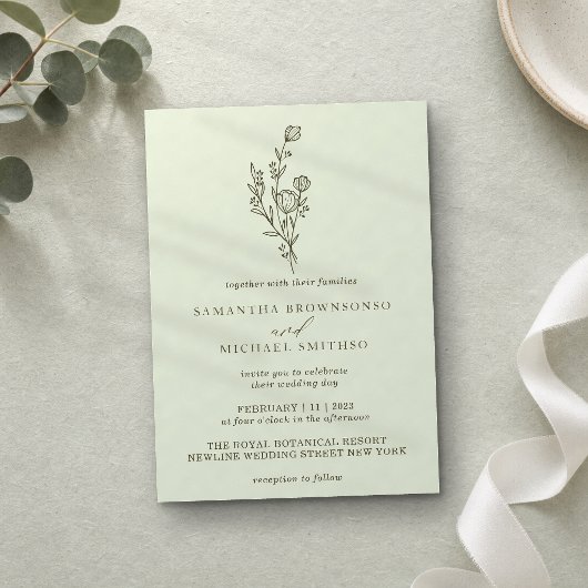 Hellgrüne Boho-Minimal-Botanik-Blumenstrauß Einladung