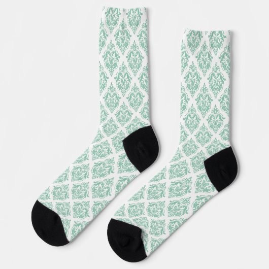 Hellgrüne Damasken Muster auf weißem Hintergrund Socken (Linkes Detail)