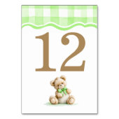 Hellgrüne Gingham- und Teddybär-Baby-Party Tischnummer (Rückseite)