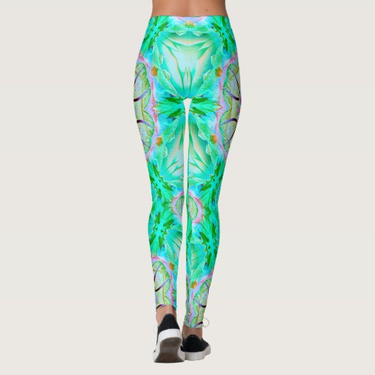 Hellgrüne grinartige Textur, blühendes Kaleidoskop Leggings (Rückseite)