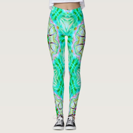 Hellgrüne grinartige Textur, blühendes Kaleidoskop Leggings (Vorderseite)