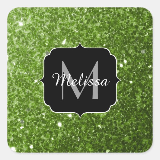Hellgrüne Grünpflanzen Glitter Funken Monogramm Quadratischer Aufkleber (Vorderseite)
