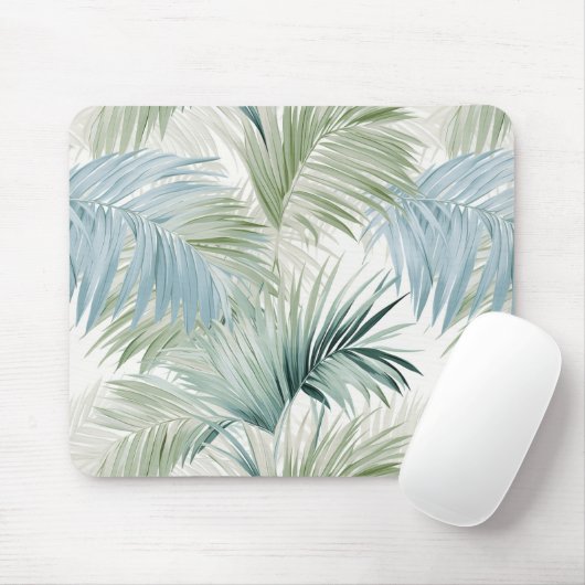 Hellgrüne, hellblaue Palme Blätter Gemustert Mousepad (Mit Mouse)