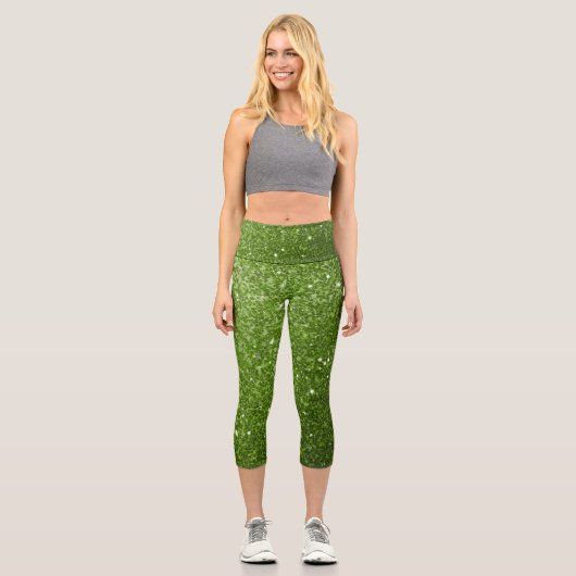 Hellgrüne Imitate Glitzer Glitzern Capri Leggings (Vorderseite)