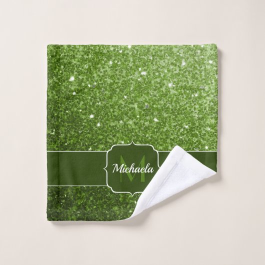 Hellgrüne Imitate Glitzern Glitzern Monogram Badhandtuch Set (Waschlappen)