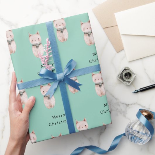 Hellgrüne Rosa Katzen Weihnachten Geschenkpapier (Schenken)