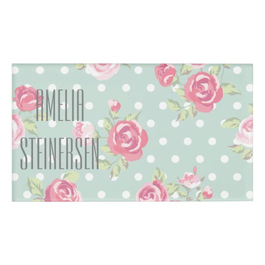hellgrüne, rosa Rosen, Shabby Chic, Muster, Vintag Namenschild (Vorderseite)