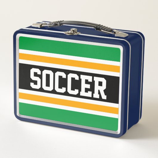 Hellgrüne, Schwarz-weiß-gelbe BECKER-Streifen Metall Brotdose (Vorderseite)