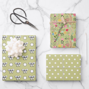 Hellgrüne und weiße gepunktete Wildblumen Geschenkpapier Set