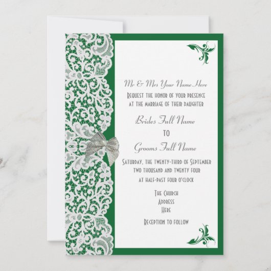 Hellgrüne und weiße Spitze Traditionelle Hochzeit Einladung (Rückseite)
