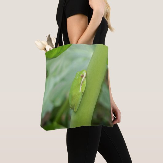 Hellgrüner Baumfrosch auf einer Totttasche Tasche (Von Nahem)