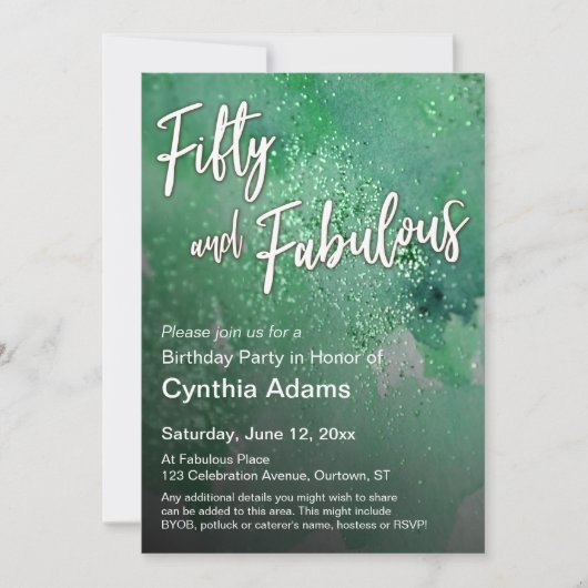 Hellgrüner Glitzer 50 und fabelhaft Einladung (Vorderseite)