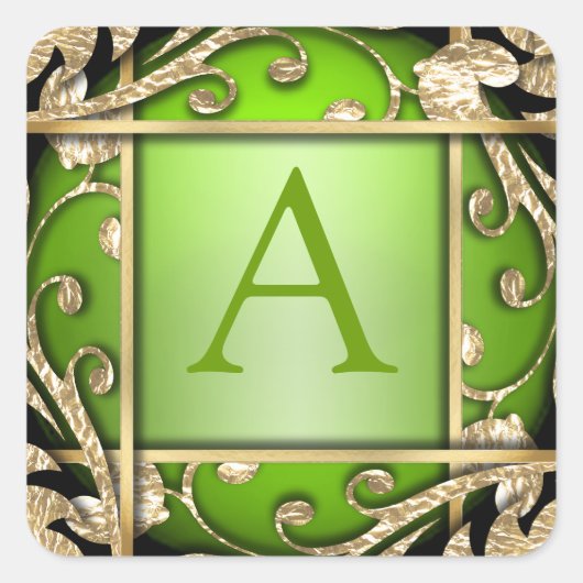 Hellgrüner Goldgitter Monogram-Umschlag Aufkleber (Vorderseite)