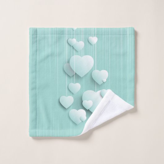 Hellgrüner Hintergrund mit 3D-weißen Herzen Badhandtuch Set (Waschlappen)
