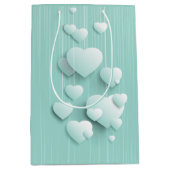 Hellgrüner Hintergrund mit 3D-weißen Herzen Mittlere Geschenktüte (Vorderseite)